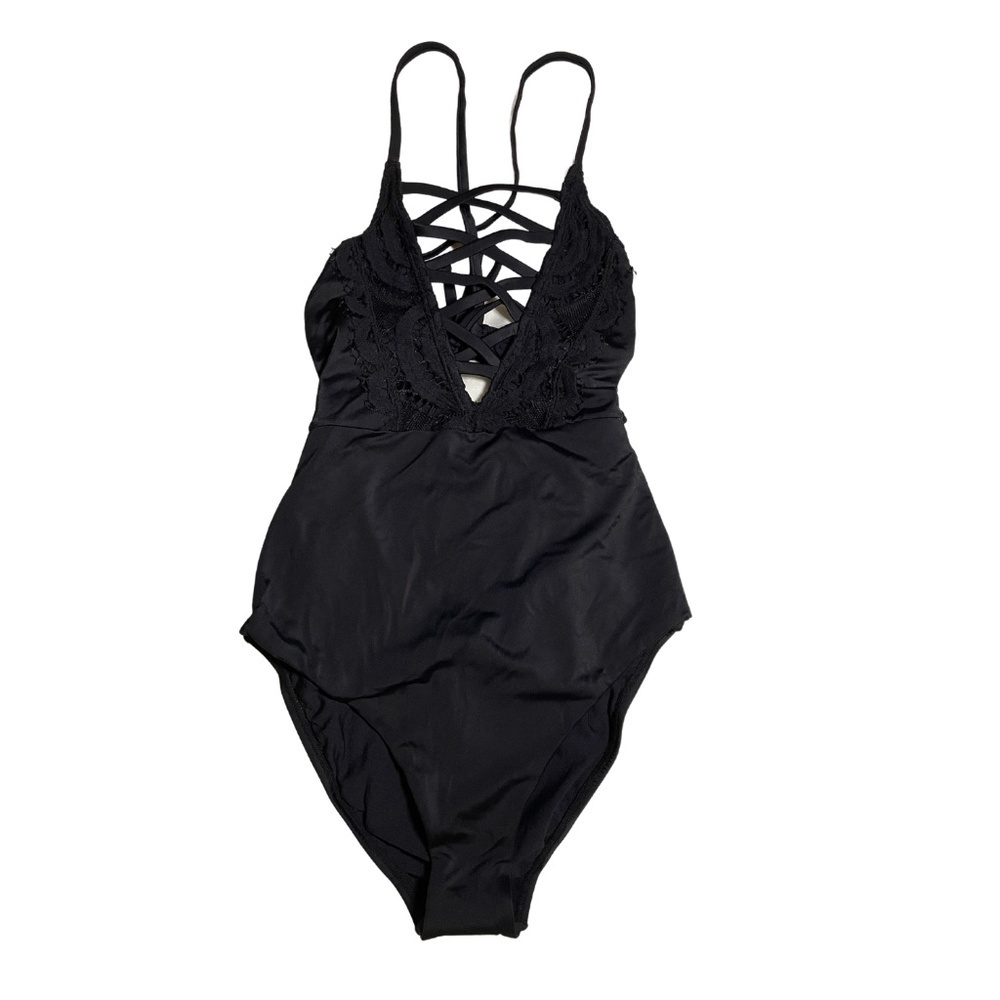 NWOT PilyQ Solid Black Faux Lace Up V Neck One Piece Swimsuit Sz. S